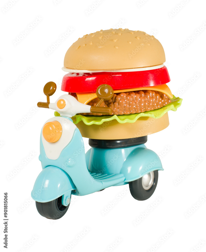 Food delivery concept, hamburger on scooter, isolated on a blank background. Food delivery concept, hamburger on scooter, isolated on a blank background.