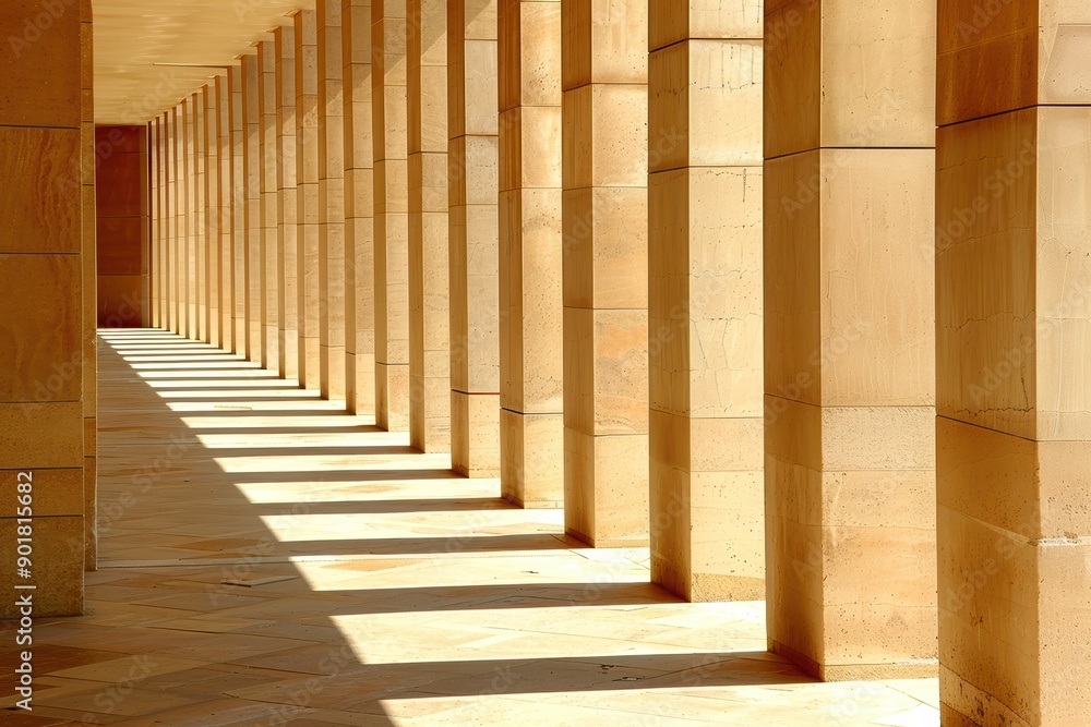 Obraz premium A corridor with columns casting long shadows in the sunlight. The image features a minimalist design with strong architectural lines and a warm tone.