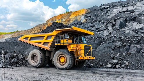 Transportation of coal in a huge dump truck. The concept of developing a deposit of something. Large scale mining operations. Illustration for varied design. © Login