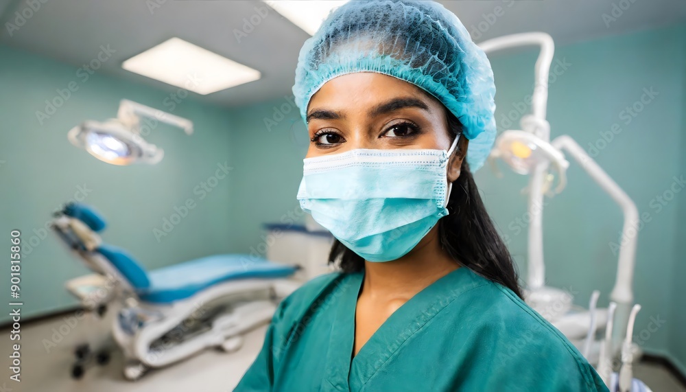 A portrait of indian dental assistant in modern dental surgery, looking at camera. A portrait of indian dental assistant in modern dental surgery, looking at camera.