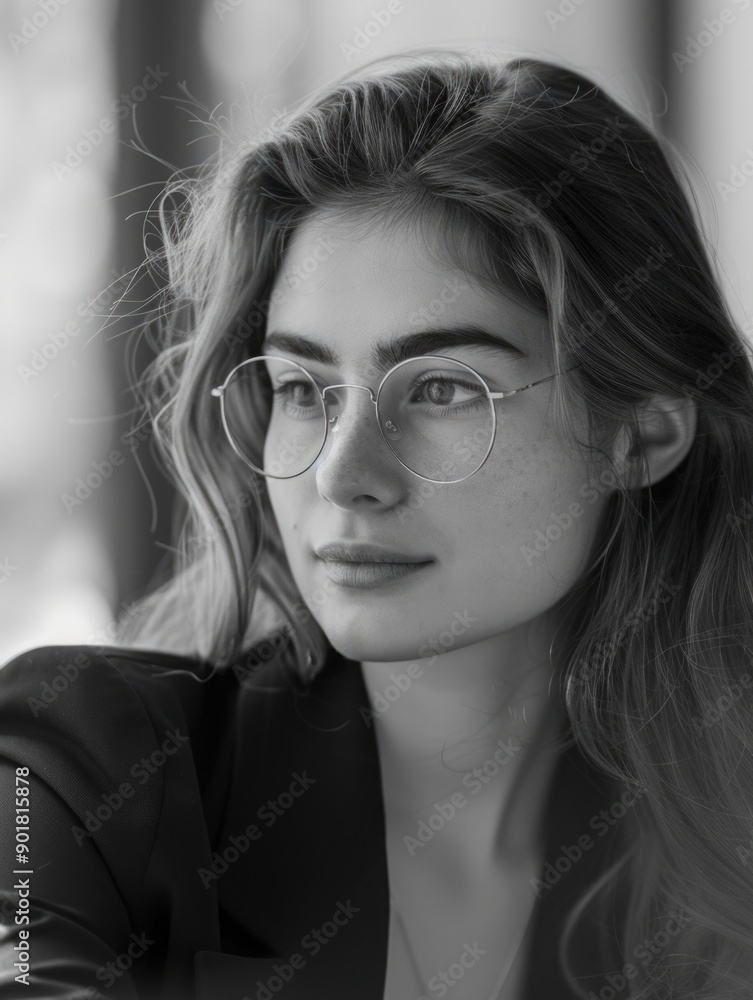 A woman sits in front of a window, wearing glasses A woman sits in front of a window, wearing glasses