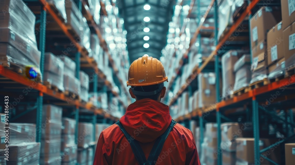 A worker in a hard hat walks down an aisle in a warehouse, surrounded by shelves filled with boxes. A worker in a hard hat walks down an aisle in a warehouse, surrounded by shelves filled with boxes.