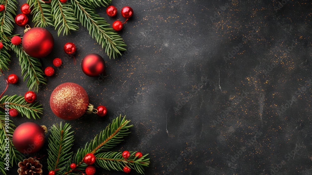Festive Christmas ornaments and pine branches on a black background. Festive Christmas ornaments and pine branches on a black background.