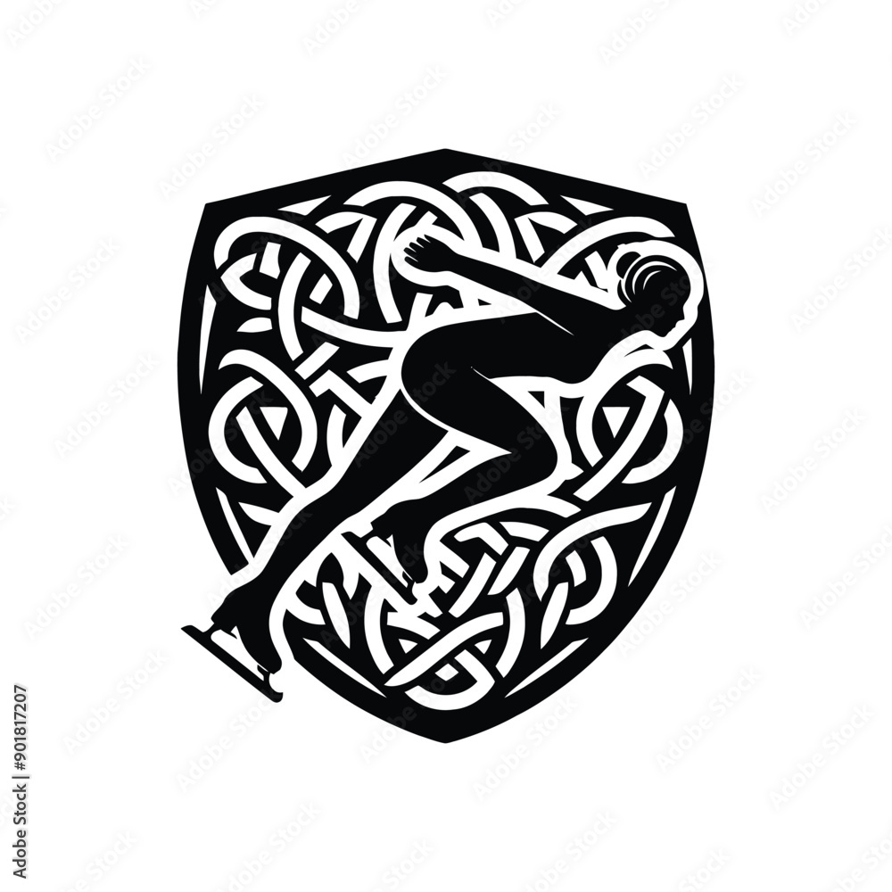 Short Track Speed Skating sport female player with celtic knot, nordic pattern illustration, emblem shield badge Short Track Speed Skating sport female player with celtic knot, nordic pattern illustration, emblem shield badge