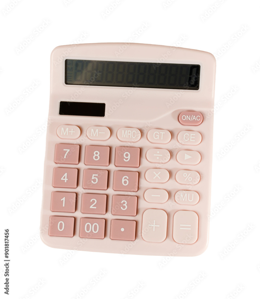 Pink office calculator isolated on a blank background cutout. Pink office calculator isolated on a blank background cutout.