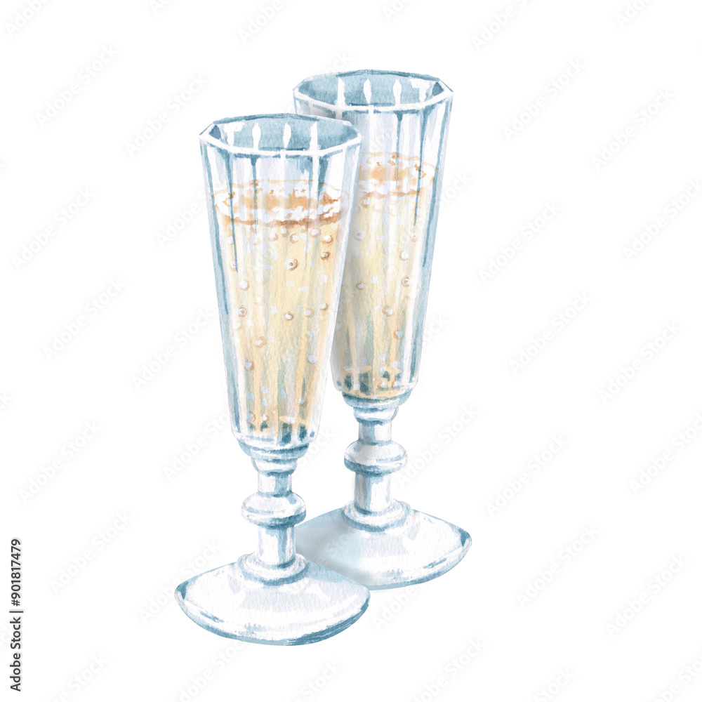Composition of two retro glasses with champagne, bubbles in watercolor. Illustration for greeting cards, cookbooks, weddings, memorials, decoration. Illustration isolated from background. Composition of two retro glasses with champagne, bubbles in watercolor. Illustration for greeting cards, cookbooks, weddings, memorials, decoration. Illustration isolated from background.