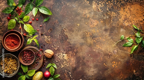 Fototapeta Naklejka Na Ścianę i Meble -  Rustic background with spices, nuts and leaves.