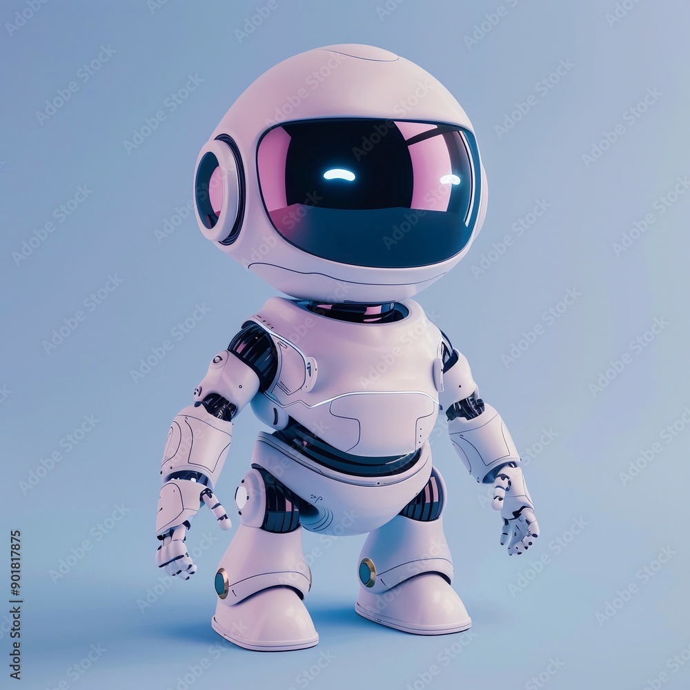 Un piccolo robot futuristico con un design elegante con casco lucido con una visiera scura. Lo sfondo è di colore blu chiaro. Un piccolo robot futuristico con un design elegante con casco lucido con una visiera scura. Lo sfondo è di colore blu chiaro.
