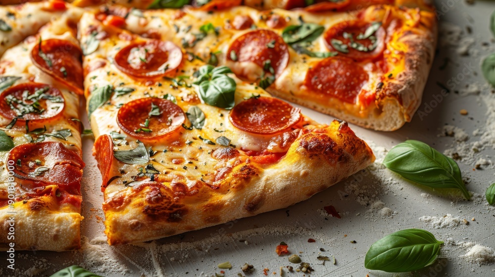 Delicious pepperoni pizza being sliced into pieces and garnished with fresh basil on a white table Delicious pepperoni pizza being sliced into pieces and garnished with fresh basil on a white table