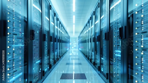 Modern Data Center Server Room with Blue Lighting and Endless Rows of Servers