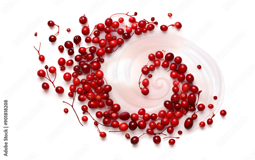Obraz premium Spiral pomegranate seeds creating a dynamic swirl pattern, set against a white background, ideal for food illustrations and vibrant designs.
