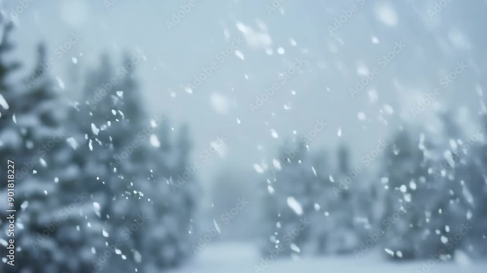 Falling snowflakes against blue sky and blurred forest. Christmas background with snowfall. Winter landscape with snow covered fir trees in forest. Motion animation Falling snowflakes against blue sky and blurred forest. Christmas background with snowfall. Winter landscape with snow covered fir trees in forest. Motion animation