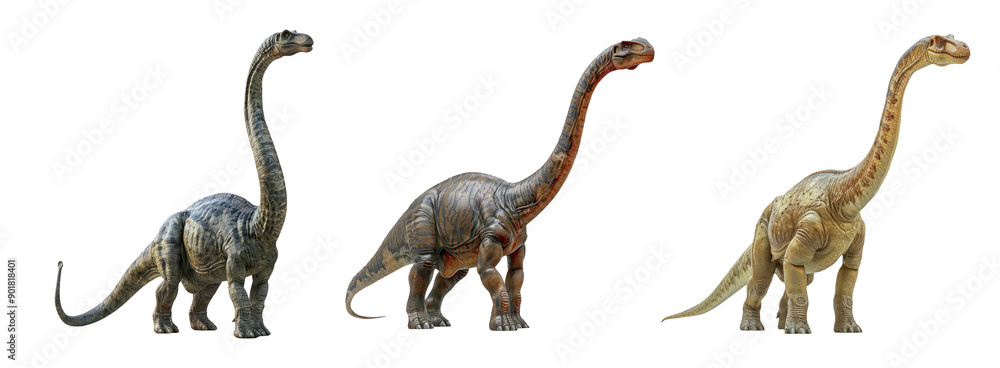 Three Realistic Dinosaur Figures with Long Necks in Various Shades and Textures Isolated on a Transparent Background Three Realistic Dinosaur Figures with Long Necks in Various Shades and Textures Isolated on a Transparent Background