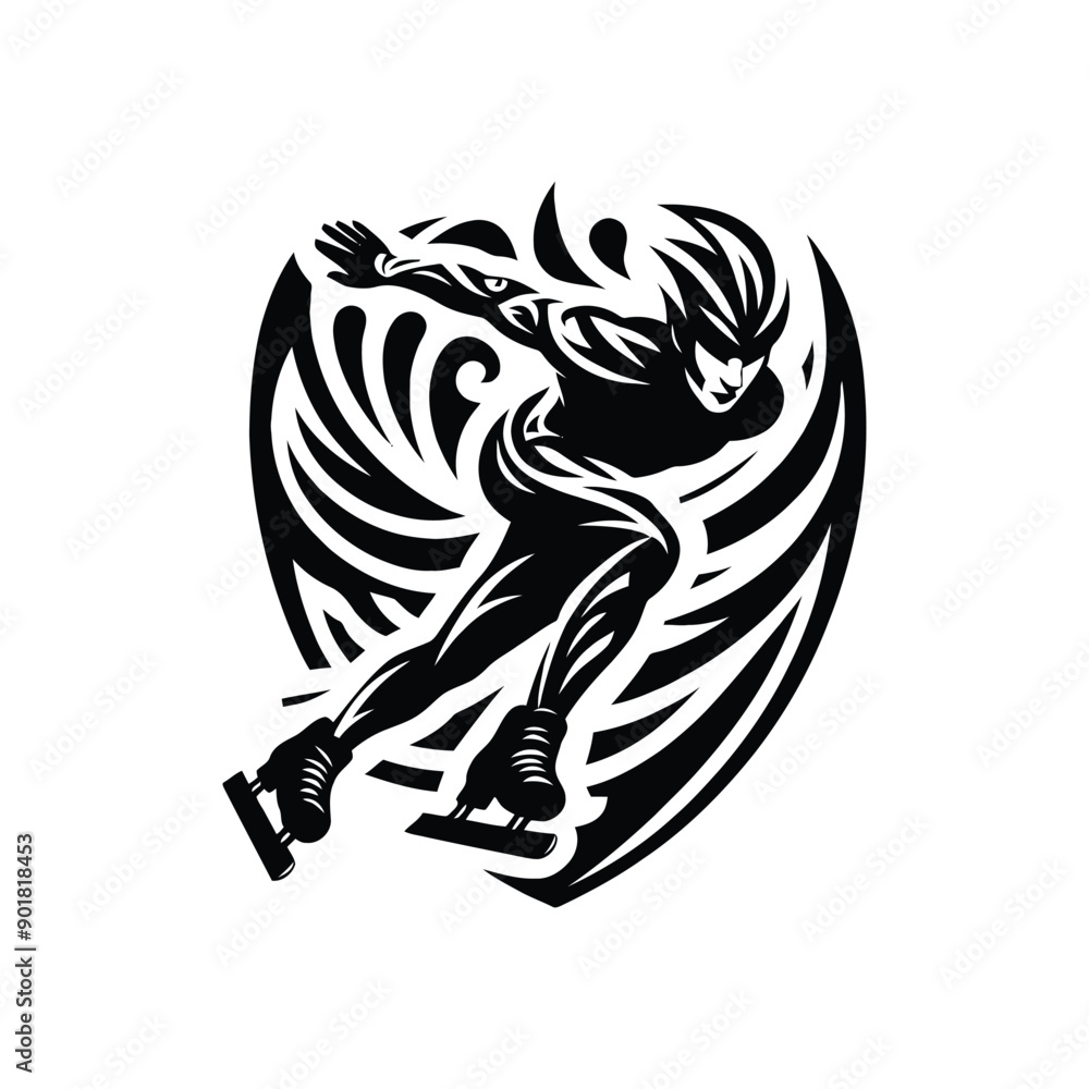 Short Track Speed Skating sport male player with ethnic tribal tattoo, gothic, pattern illustration, emblem shield badge Short Track Speed Skating sport male player with ethnic tribal tattoo, gothic, pattern illustration, emblem shield badge