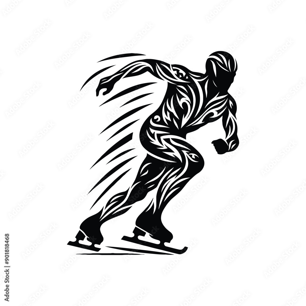 Fototapeta premium Short Track Speed Skating sport male player with ethnic tribal tattoo, gothic, pattern illustration, emblem shield badge