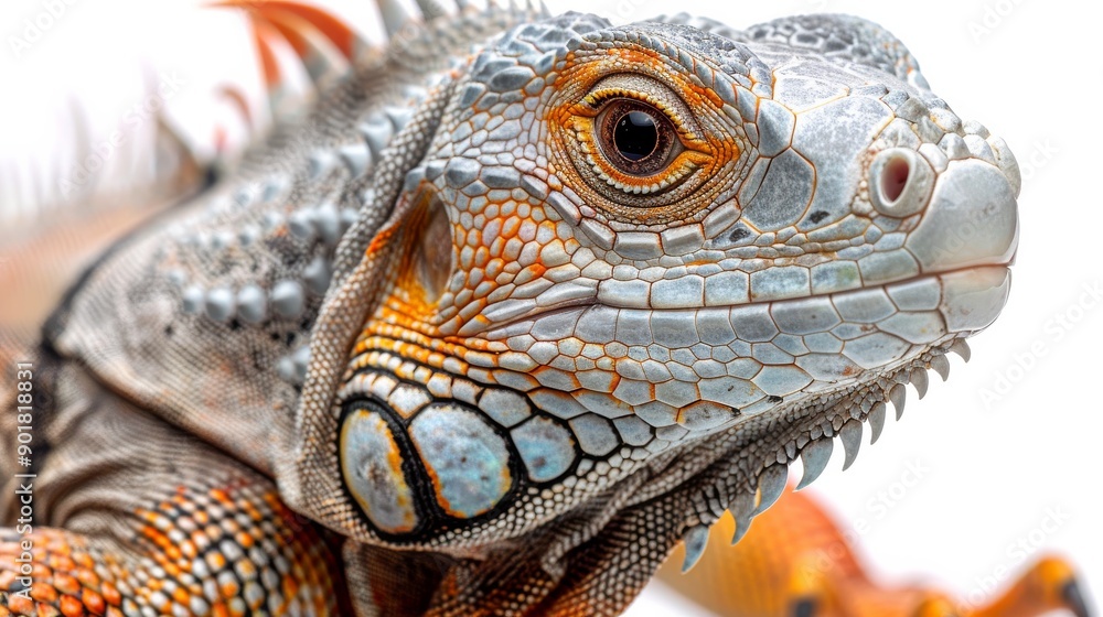 Fototapeta premium Vibrant red iguana with intricate skin texture and mesmerizing colors stands out against a white background. Showcasing detailed scales and patterns