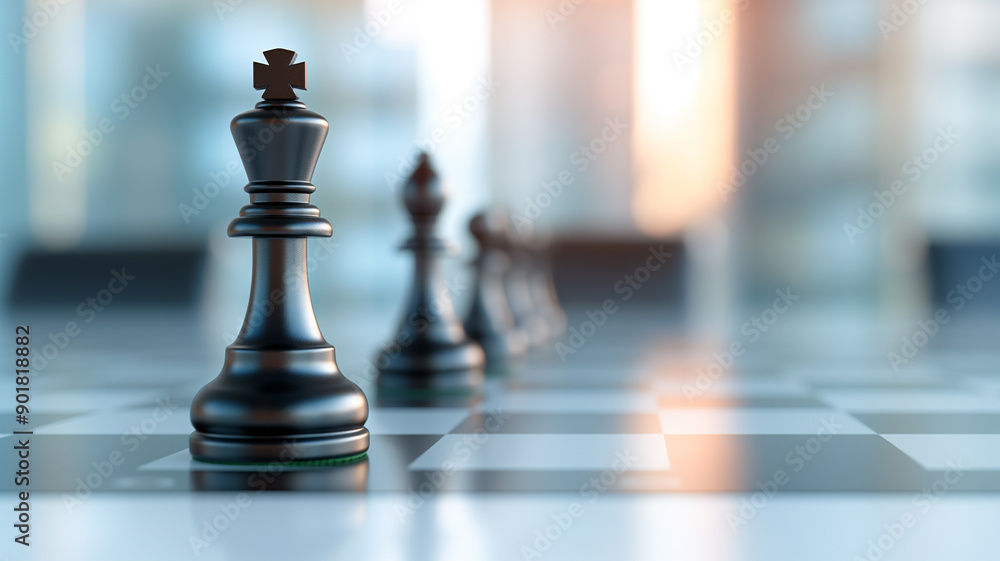 A close-up of a black king chess piece leading a line of chess pieces on a chessboard. The background is blurred, emphasizing the focus on the chess pieces and the strategic aspect of the game. A close-up of a black king chess piece leading a line of chess pieces on a chessboard. The background is blurred, emphasizing the focus on the chess pieces and the strategic aspect of the game.