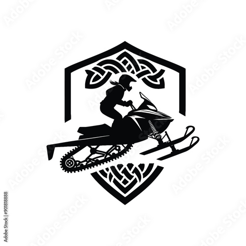Snowmobiling sport female player with celtic knot, nordic pattern illustration, emblem shield badge