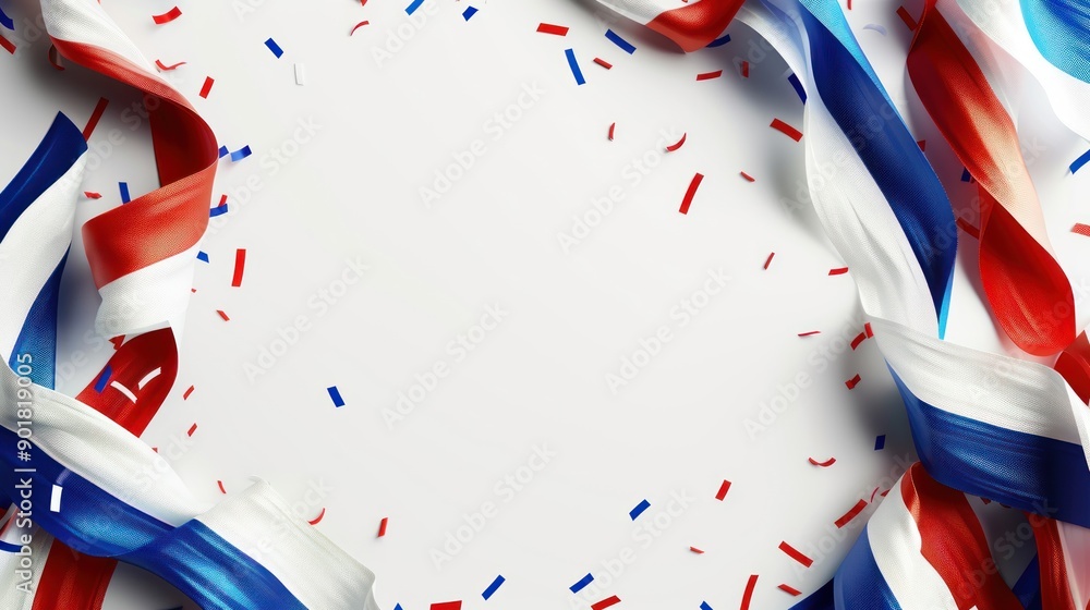 Obraz premium Festive red, white, and blue ribbons and confetti create a circular frame against a white background.