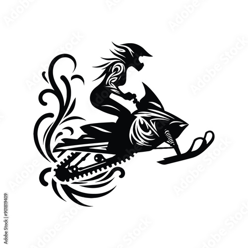 Snowmobiling sport female player with ethnic tribal tattoo, gothic, pattern illustration, emblem shield badge