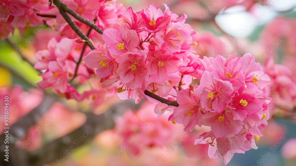 Fototapeta premium Pink trumpet tree in full bloom during spring season Beautiful soft focus Tabebuia rosea flower