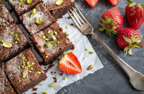 Chocolate Brownies With Strawberries and Pistachios