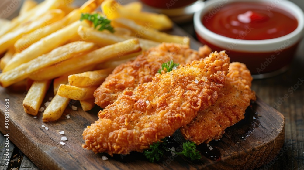 Side view of Homemade Chicken Tenders served with French Fries and BBQ Sauce on a rustic wooden board Side view of Homemade Chicken Tenders served with French Fries and BBQ Sauce on a rustic wooden board