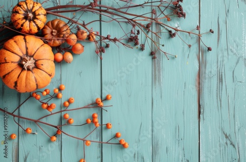 Pumpkins and Berries on Blue Wood