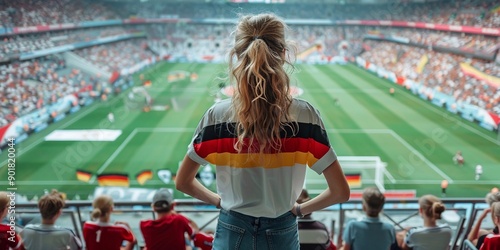 Ragazza allo stadio indossa una magletta sportiva, con i colori della bandiera della Germania e, ripresa di spalle, guarda la partita photo