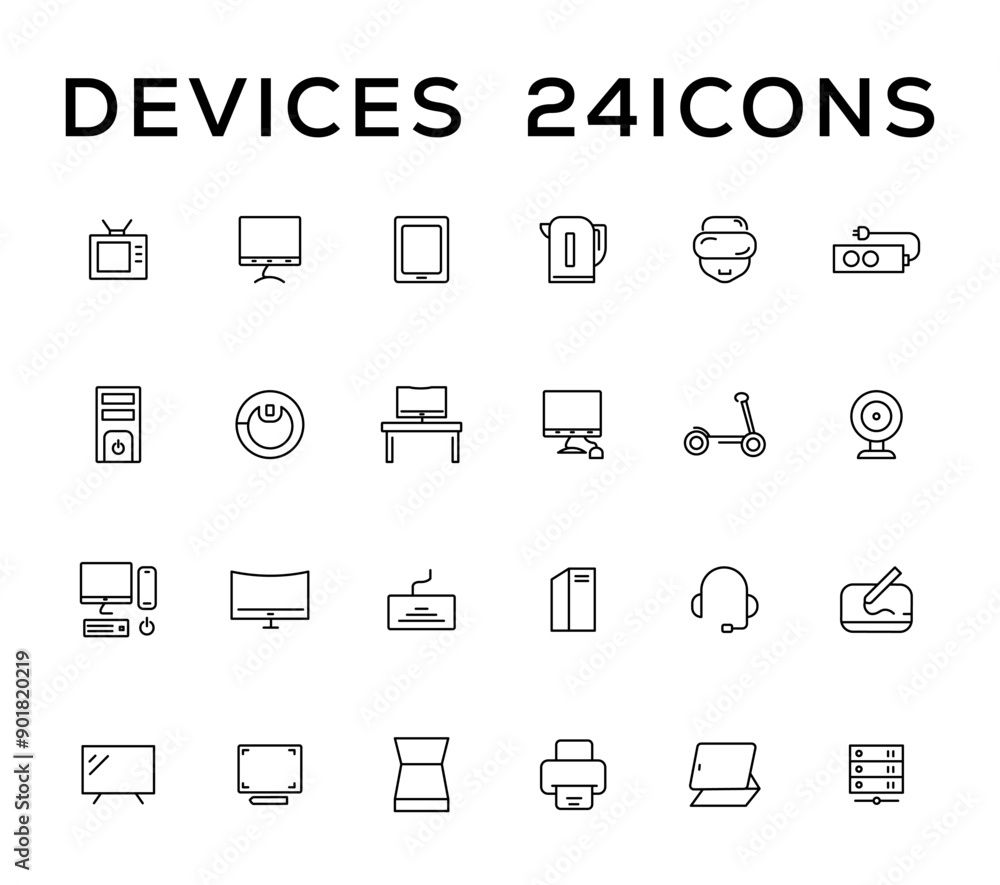 Device and technology line icon set. Electronic devices and gadgets, computer, equipment and electronics. Computer monitor, smartphone, tablet and laptop simple icon collections Device and technology line icon set. Electronic devices and gadgets, computer, equipment and electronics. Computer monitor, smartphone, tablet and laptop simple icon collections