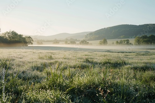 A misty morning in the countryside, with dew-covered grass and distant hills softly blurred in the background, ideal for a tranquil spring backdrop