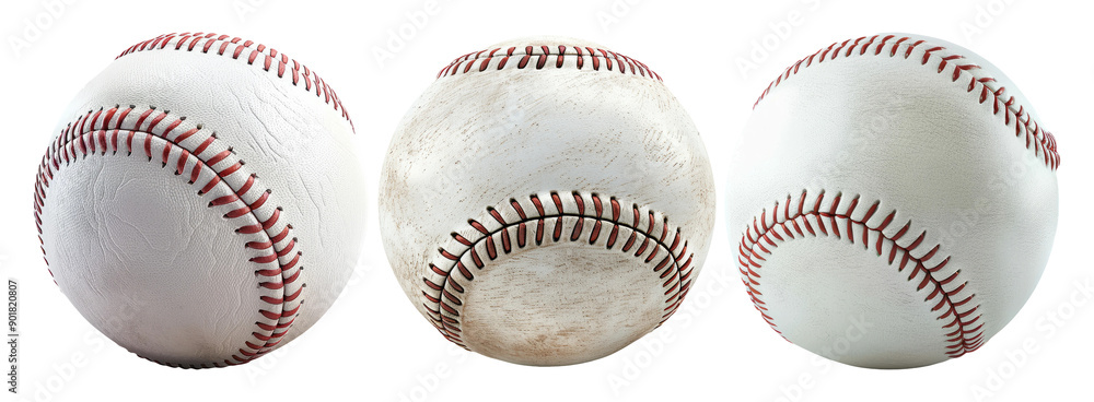 Three Baseballs in Different Conditions Representing the Evolution of Wear Isolated on Transparent Background Three Baseballs in Different Conditions Representing the Evolution of Wear Isolated on Transparent Background