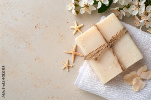 White Soap On Towels With Starfish And Flowers