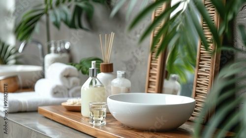 Spa essentials arranged on a wooden tray with tropical leaves