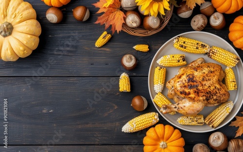 Roasted Chicken With Corn and Pumpkins on a Dark Wooden Table