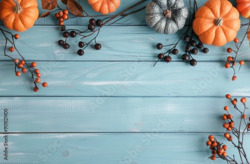 Pumpkins and Berries on Blue Wood