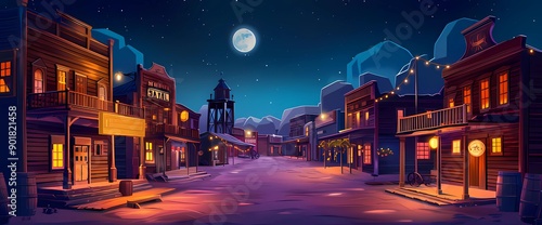 Wild west city or village landscape at night. Western America wooden architecture on empty town street under moonlight. Neighborhood with sheriff office and bank, saloon and hotel.