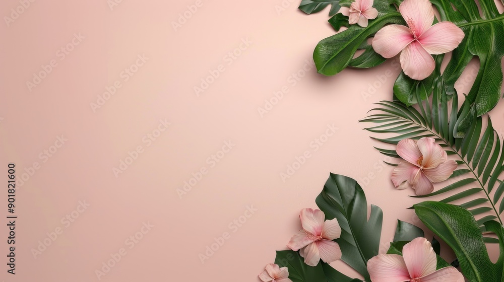 Pink Flowers and Lush Green Leaves on a Light Pink Background. Pink Flowers and Lush Green Leaves on a Light Pink Background.