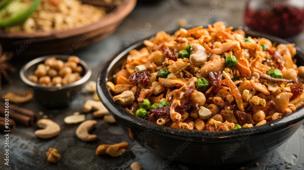Indian style deep fried snack Falahari Chivda Chewda or mixture namkeen with dry fruits Indian style deep fried snack Falahari Chivda Chewda or mixture namkeen with dry fruits