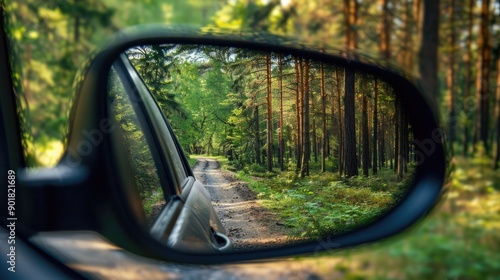 Reflection of side view mirror on forest road photo