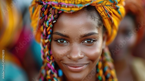 A woman with clean, braided hair wears a vibrant, colorful headwrap, smiling warmly and exuding confidence amidst a bright, cheerful background.