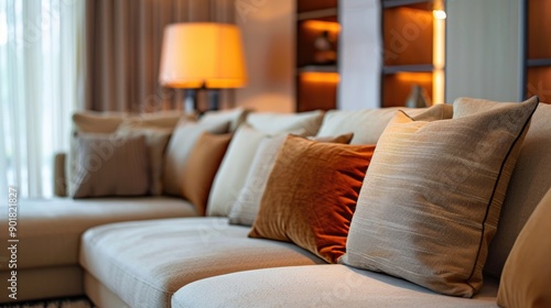 Brown pillows on beige sofa in warmly lit living room