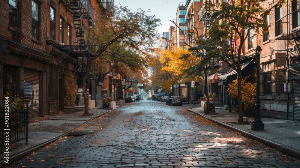 Fototapeta premium Desolate city street flanked by brick and wooden structures in an urban center on a sunny autumn day