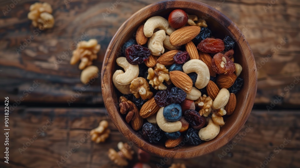 Fototapeta premium Trail mix snack with a variety of nuts and dried fruits in a wooden bowl photographed from above Selective Focus on the mix in the bowl