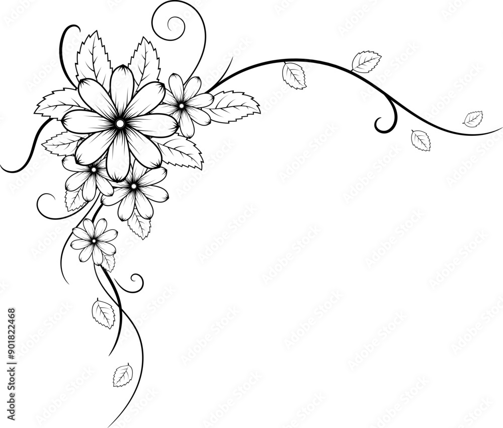 Doodle floral corner frame decorated with flowers and leaves in black and white Doodle floral corner frame decorated with flowers and leaves in black and white