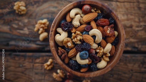 Fototapeta Naklejka Na Ścianę i Meble -  Trail mix snack with a variety of nuts and dried fruits in a wooden bowl photographed from above Selective Focus on the mix in the bowl