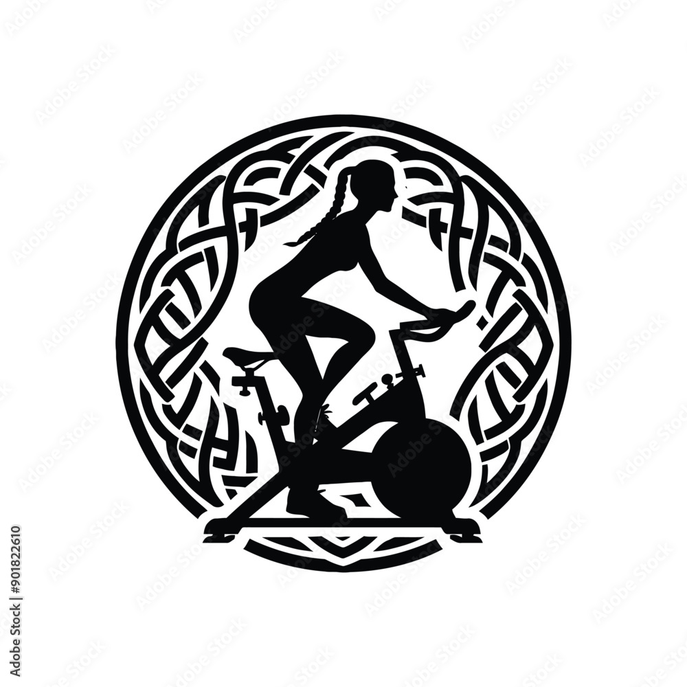 Fototapeta premium spinning bike exercise female player with celtic knot, nordic pattern illustration, emblem shield badge