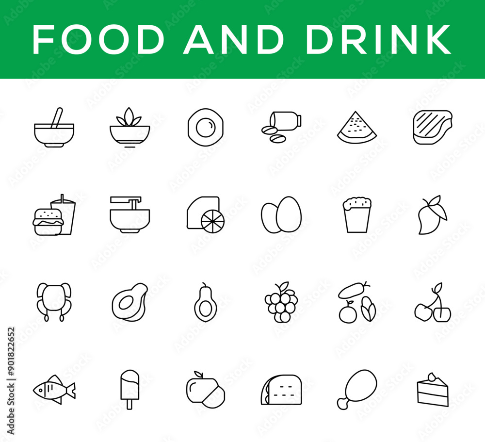 Food and drink icon collection set. Thin outline icons. Meat, milk, noodle, soup, bread, egg, cake, sweets, fruits, vegetables, drinks, nutrition, pizza, fish, sauce, cheese icon Food and drink icon collection set. Thin outline icons. Meat, milk, noodle, soup, bread, egg, cake, sweets, fruits, vegetables, drinks, nutrition, pizza, fish, sauce, cheese icon