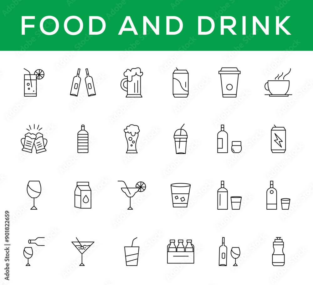 Food and drink icon collection set. Thin outline icons. Meat, milk, noodle, soup, bread, egg, cake, sweets, fruits, vegetables, drinks, nutrition, pizza, fish, sauce, cheese icon Food and drink icon collection set. Thin outline icons. Meat, milk, noodle, soup, bread, egg, cake, sweets, fruits, vegetables, drinks, nutrition, pizza, fish, sauce, cheese icon