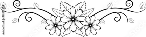 Floral swirl decorative divider line. Flourish text separator with flowers and leaves. black and white page divider.	
